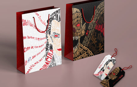 Full Mockup of Typographic Dracula Bag and Tag for Gothic Horror Packaging